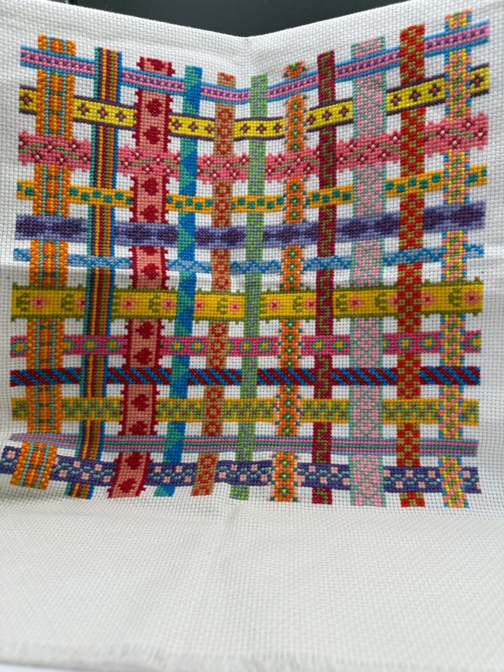 Vintage Cross Stitch Sampler Completed Over Under Ribbon Pattern Not Framed